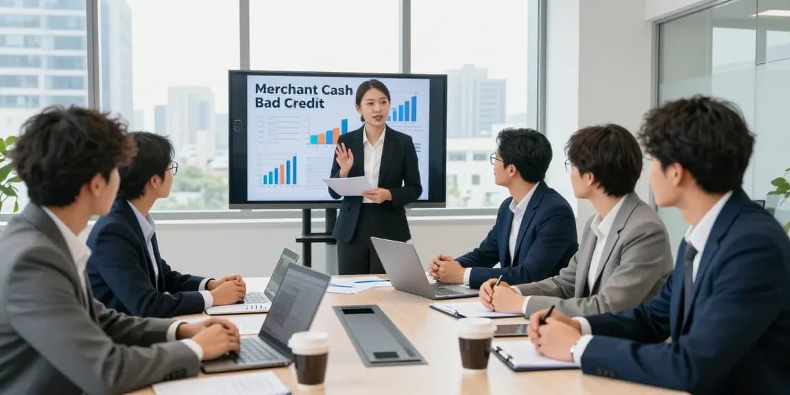 Business team discussing merchant cash advance bad credit solutions at a conference table in a modern office setting.