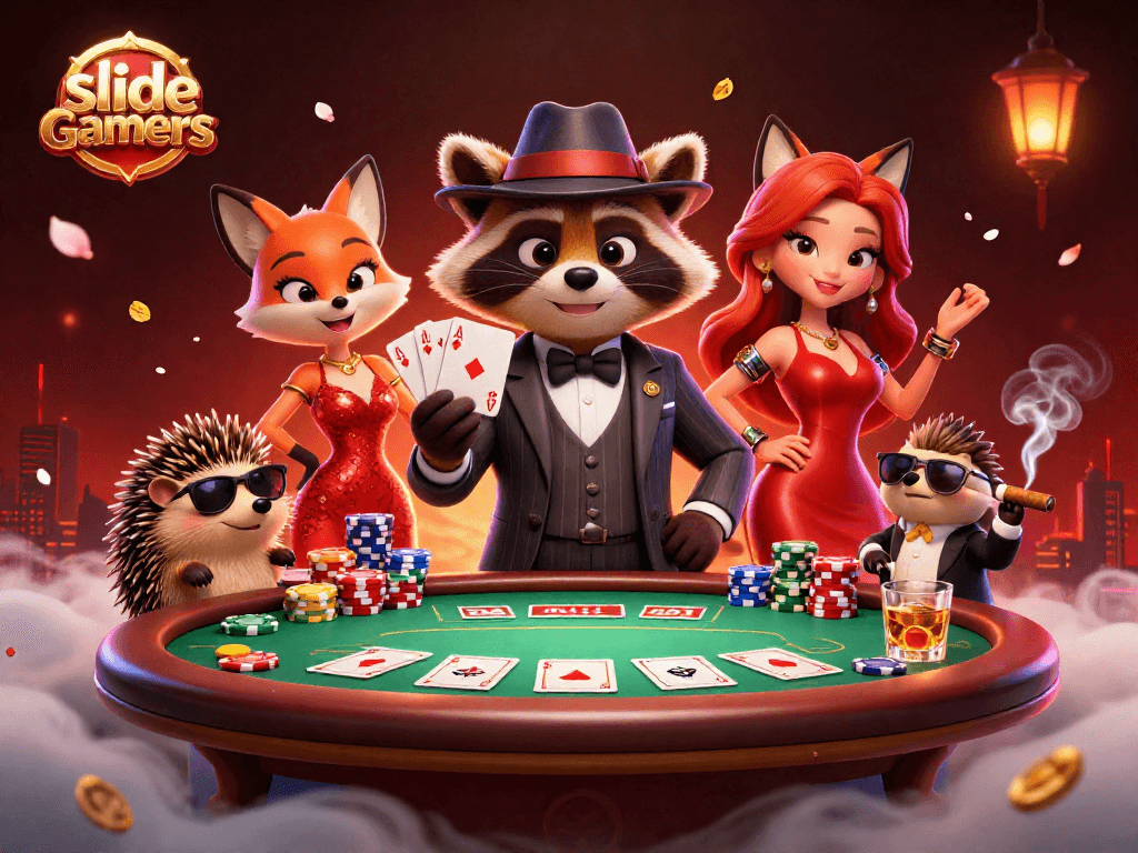 Experience thrilling strategies with slidegamers at a vibrant poker table in this dynamic illustration.