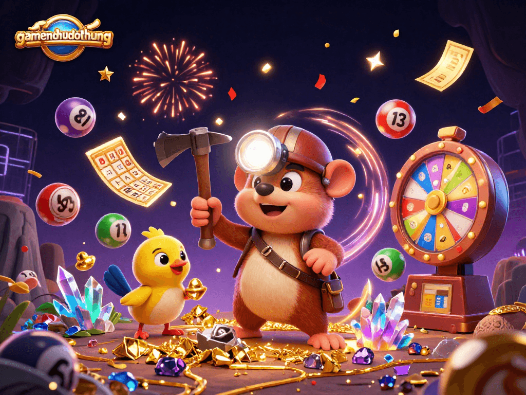 Experience the excitement of gamenohudoithuong with a vibrant 3D illustration of a treasure hunter mole and dynamic casino elements.