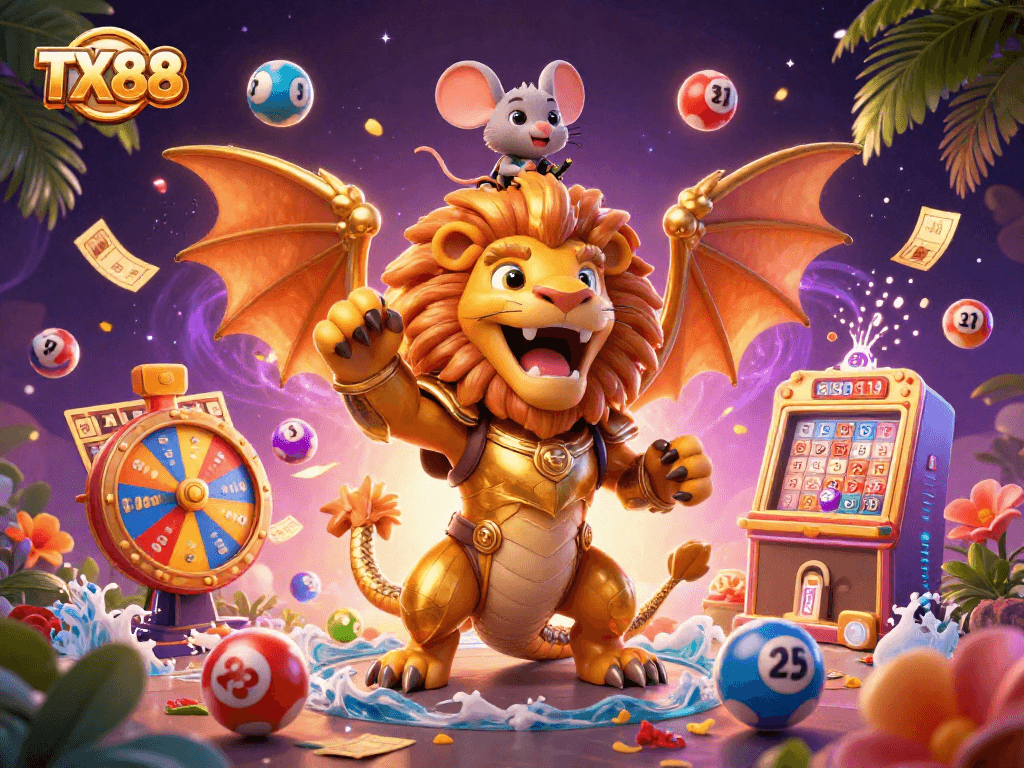 Experience the excitement of TX88 with a vibrant illustration showcasing colorful lottery elements and a chimera creature.