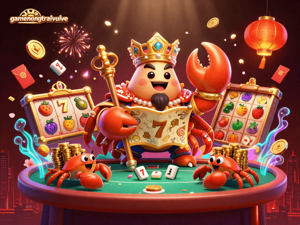 Engage with gamenongtraivuive through an ultra-detailed 3D casino scene featuring a golden crab emperor.