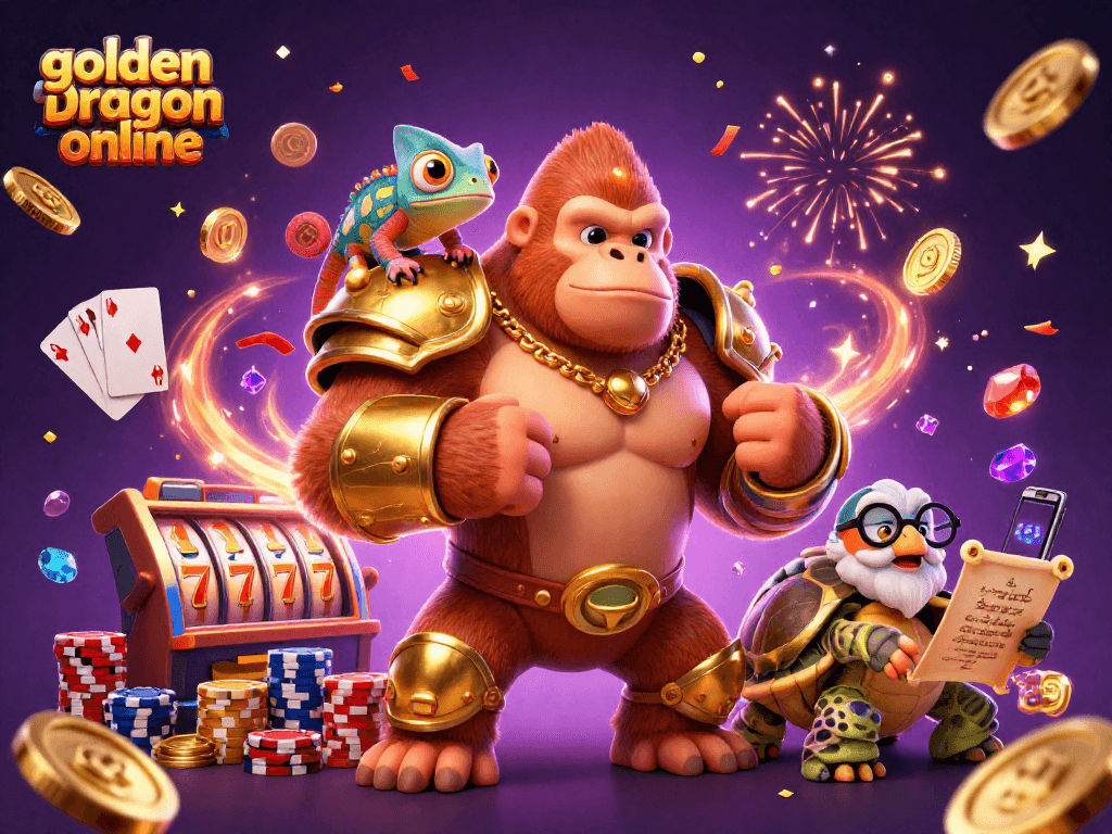 Cascade coins and gems around the golden dragon online slot experience, featuring vibrant characters and gaming elements.