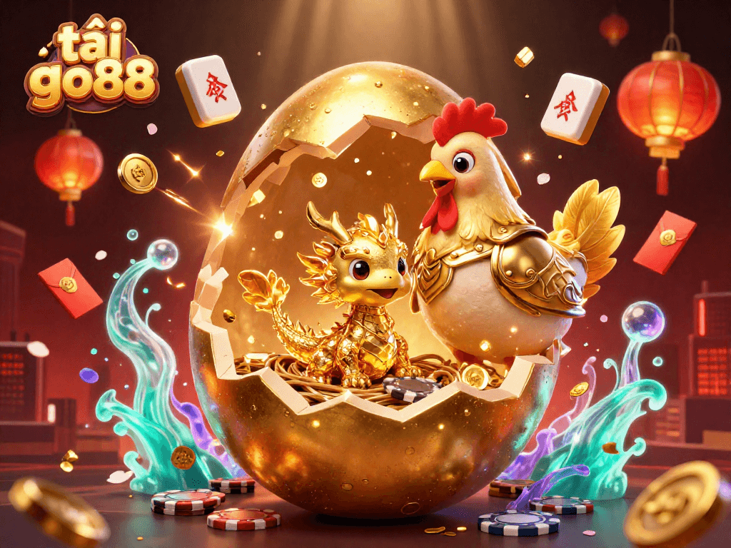 Win big with tải go88: vibrant gaming scene featuring gold dragon and poker elements.