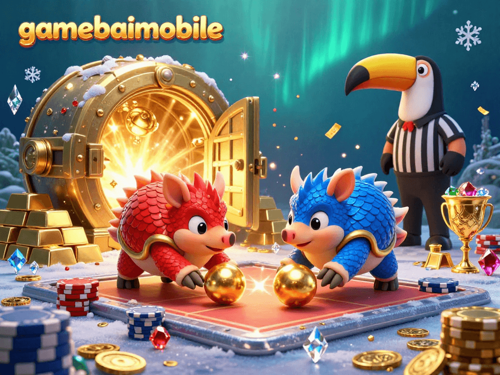 Gamebaimobile showcases rival pangolins battling through poker chips with vibrant golden visuals.