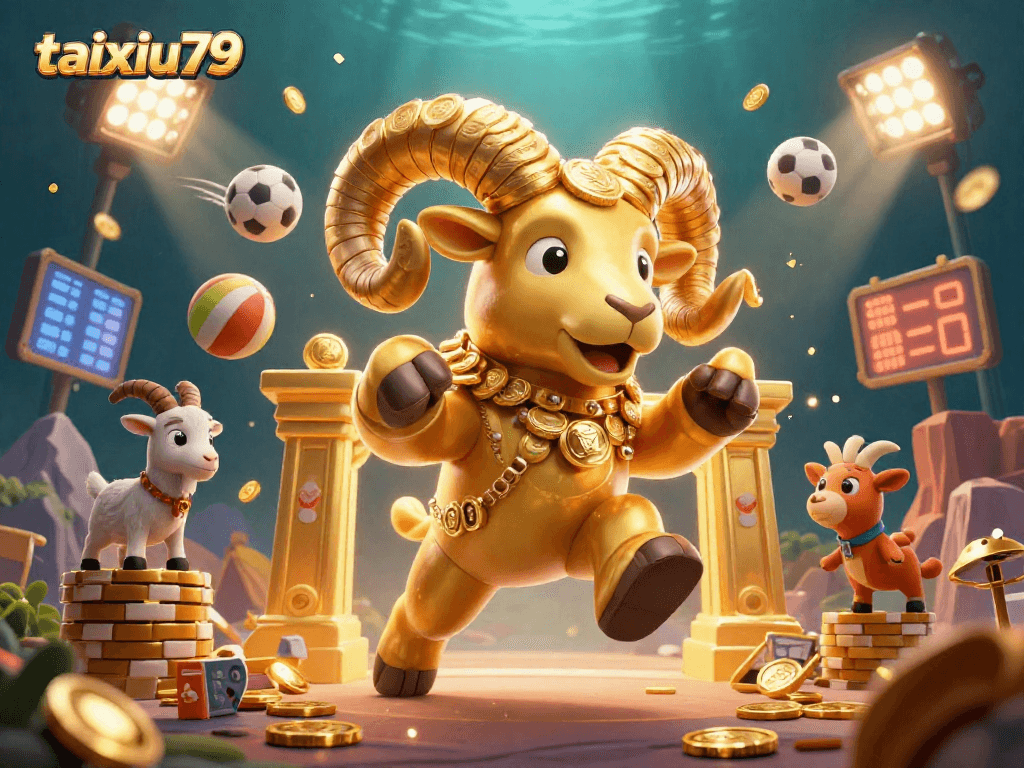 Experience exciting gameplay at taixiu79 with a dynamic 3D illustration featuring a golden ram surrounded by sports elements.