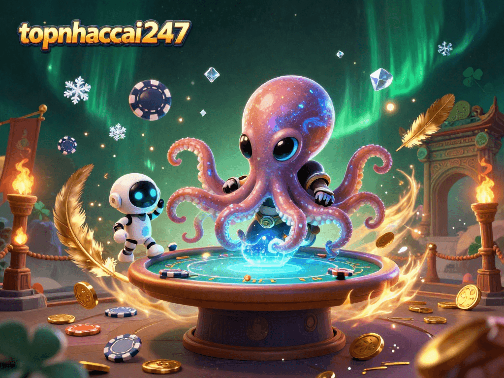 Experience thrilling poker at topnhacai247 with a dynamic alien octopus and robot companion!