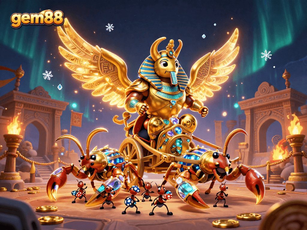 Engage with gem88's captivating gaming world featuring a heroic scarab beetle and scorpions.