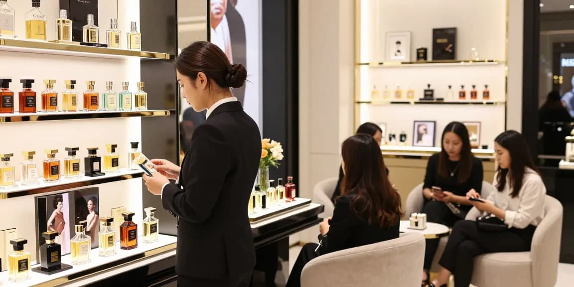 Shopping for luxury perfume brands in a sophisticated retail setting, highlighting premium fragrances and elegant decor.