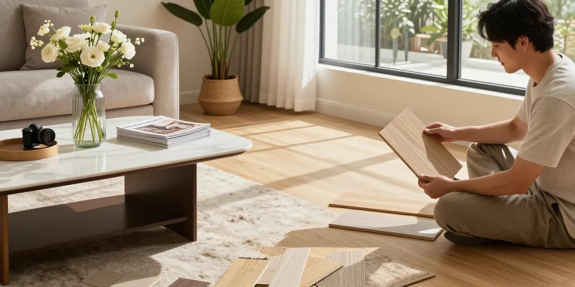 Homeowner exploring modern wood flooring solutions in a cozy living room setting with natural light.