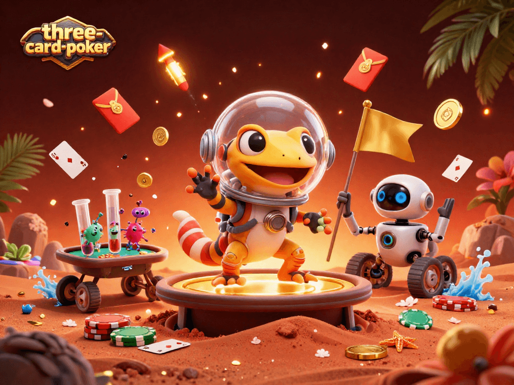 Experience thrilling three-card-poker gameplay in this vibrant, engaging casino-themed illustration.