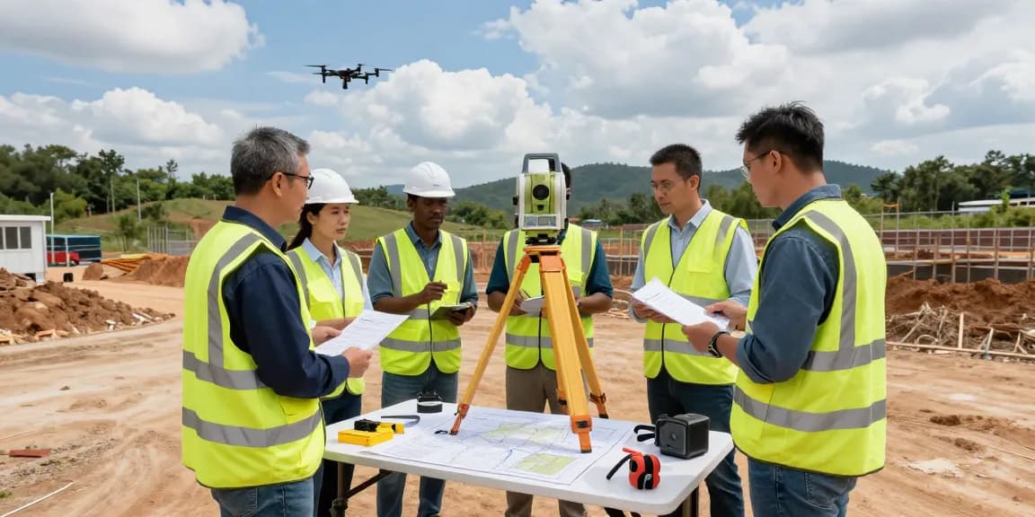 Land surveyors performing a topographical survey with advanced equipment on a construction site, ensuring precision and accuracy.