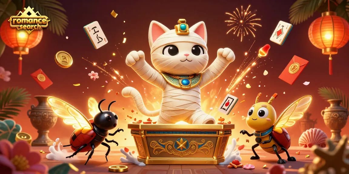 Engage in thrilling gameplay at romance-search with a dynamic scene featuring a lucky Egyptian mummy cat casino adventure.