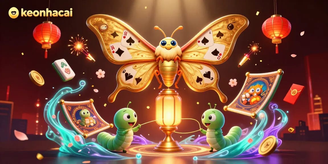 Experience keonhacai excitement with a vibrant 3D illustration featuring a glorious atlas moth amid casino treasures