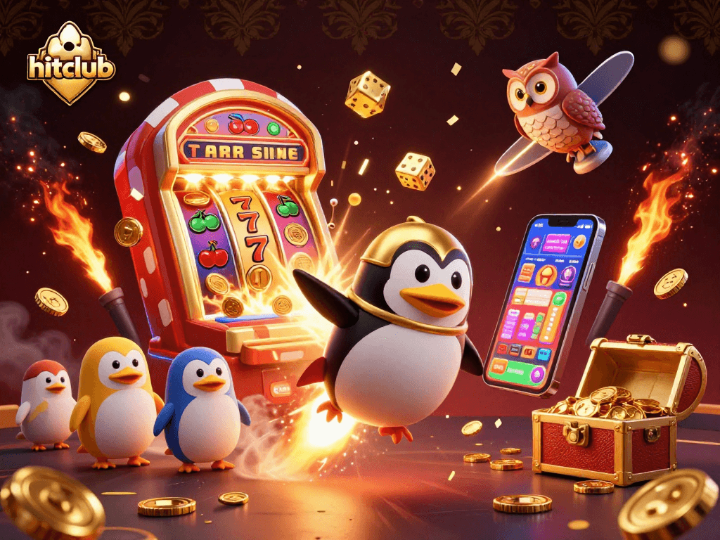Hitclub soaring with a rocket-powered golden penguin amidst dazzling slot machine glory.