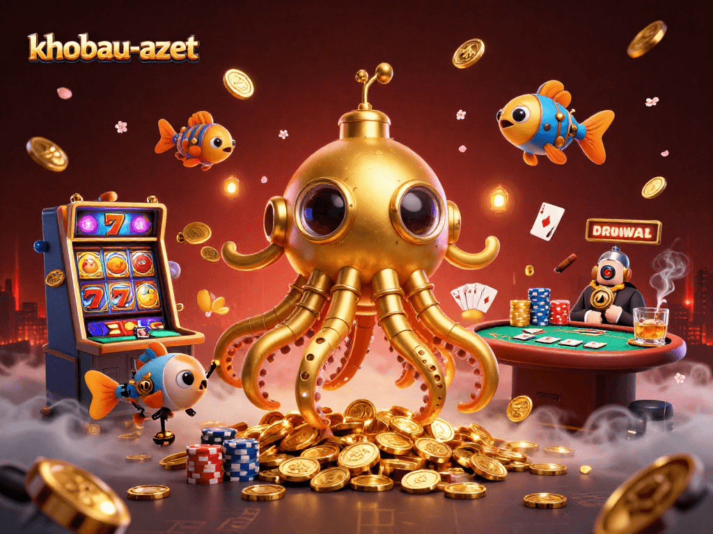 Play khobau-aztec with golden kraken and vibrant slot features amidst swirling coins
