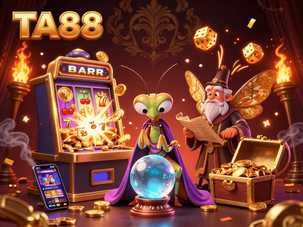 Experience the magic of TA88 with a vibrant, enchanting casino scene featuring a fortune teller and exciting gaming elements.