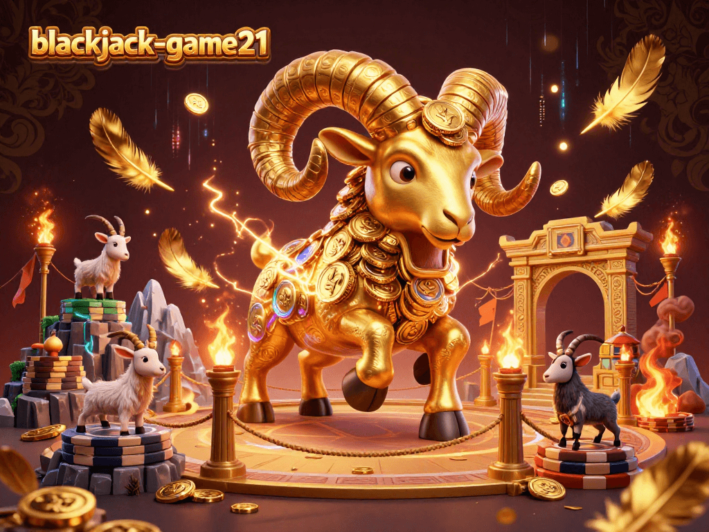 Experience thrilling gameplay at blackjack-game21 with a fierce golden ram charging through a casino.