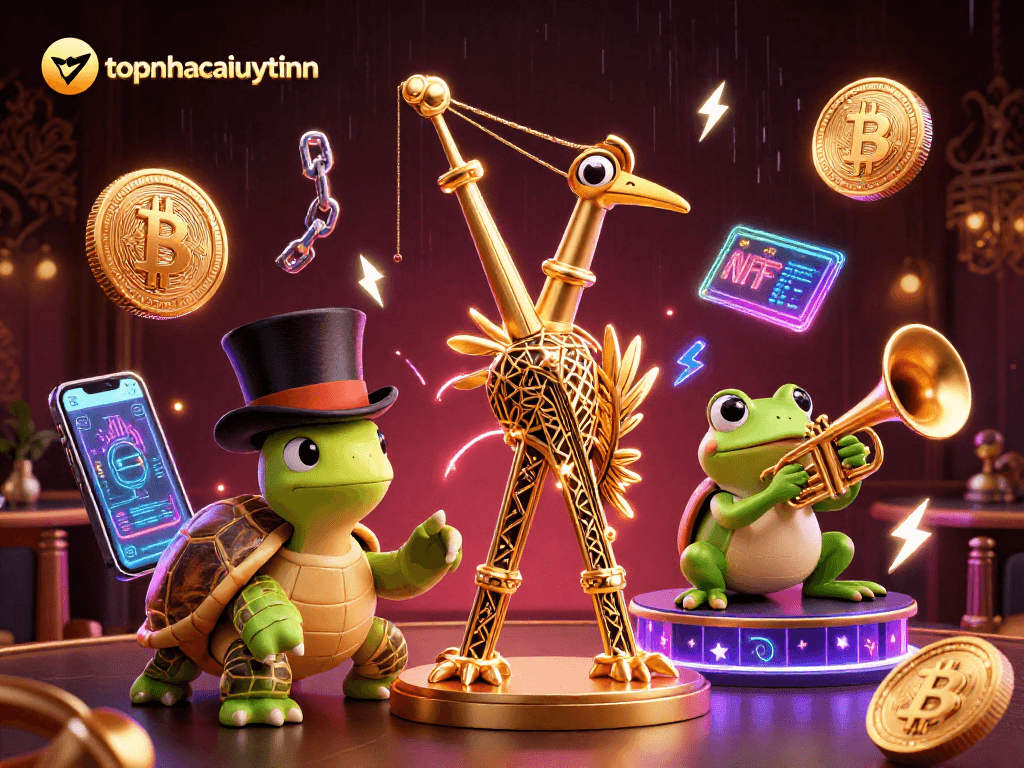 Play lucky dice at topnhacaiuytinn, featuring vibrant gaming characters and neon crypto elements.
