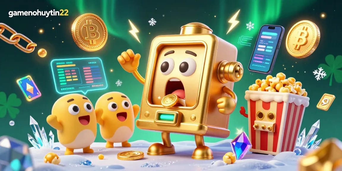 Experience gamenohuuytin22 with a fun golden slot machine celebrating a jackpot amidst vibrant casino elements.