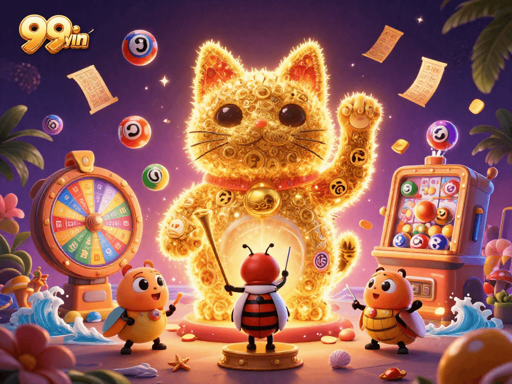 Engage with 99win's vibrant casino atmosphere featuring a lucky cat and interactive lottery elements.