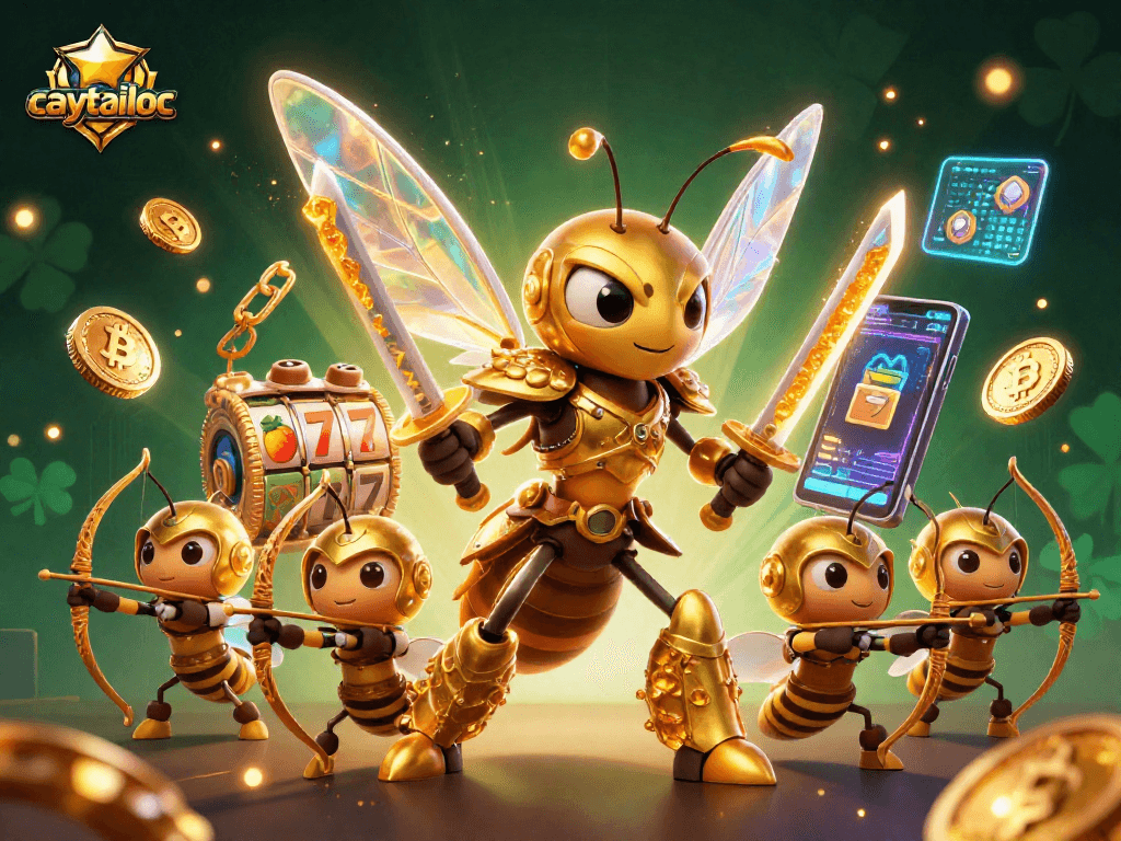 Engage with caytailoc's vibrant 3D scene of fortune symbols and characters for immersive jackpot action.