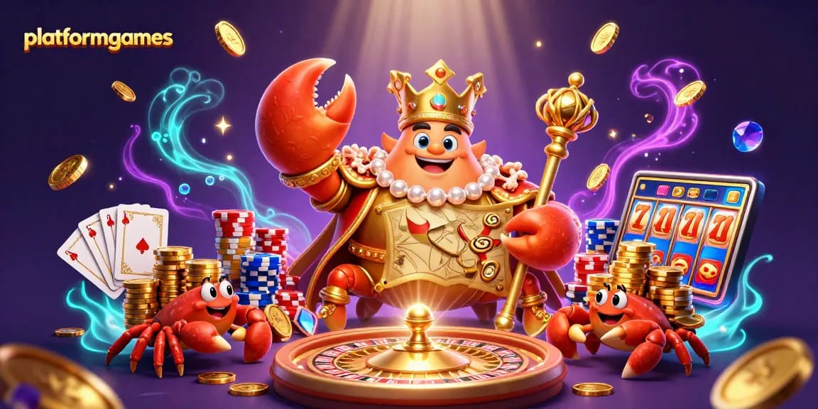 Engage in thrilling casino action with platformgames featuring a golden crab emperor amid gold coins and roulette.