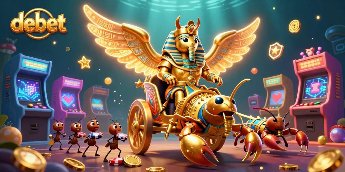 debet casino illustration featuring golden beetle, scorpions, and poker chips in an energetic scene