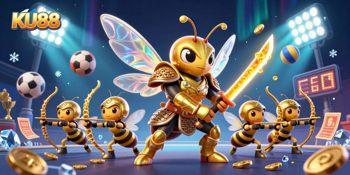 Experience thrilling bets with KU88, featuring a dynamic 3D scene of a golden hornet samurai.