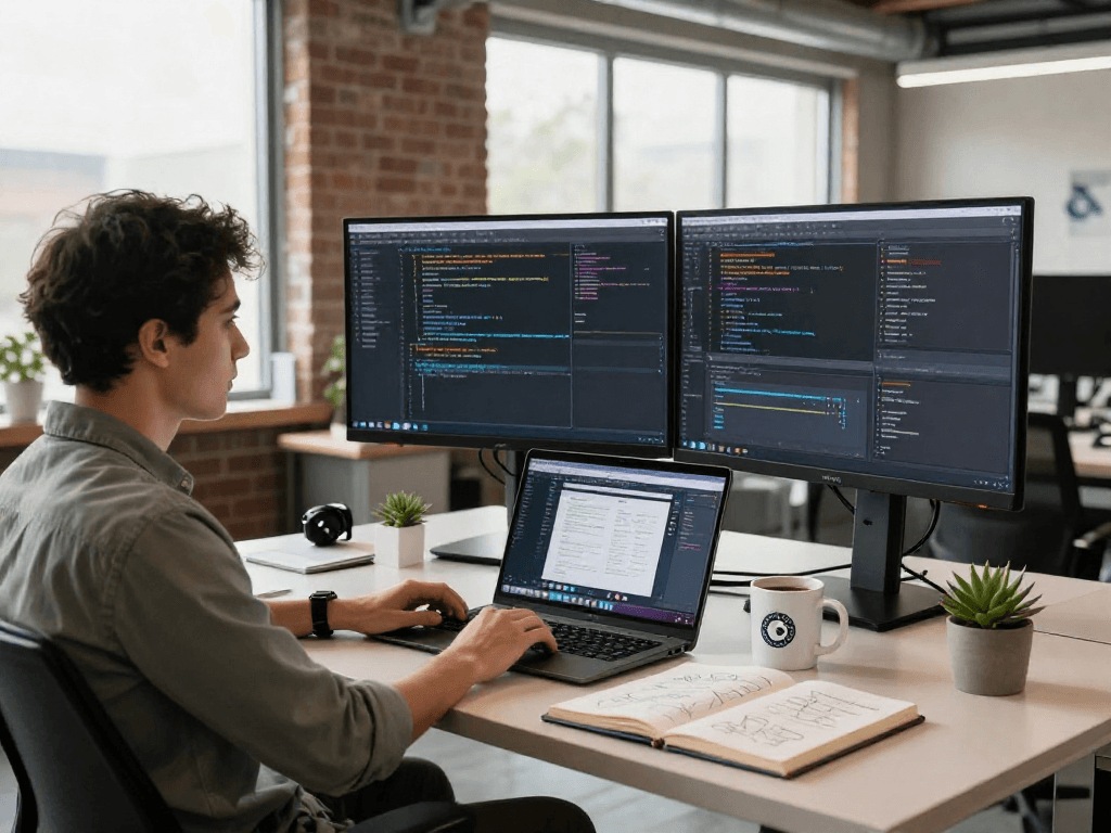 Developer at a tech workspace with net88 interface design on screen.