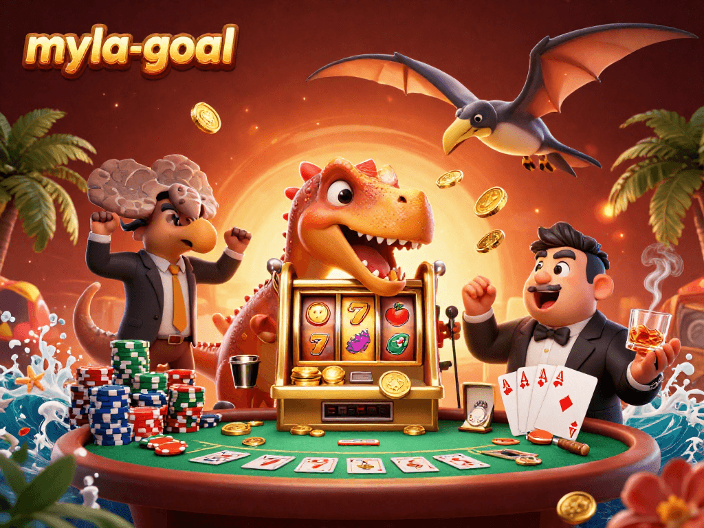 Experience thrilling moments with myla-goal as dinosaurs engage in a dynamic casino scene of excitement and jackpots.