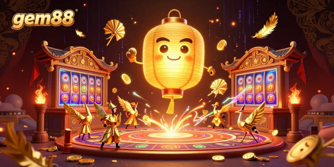 Experience thrilling gameplay with gem88's vibrant casino atmosphere showcasing slot reels and a magical spirit.