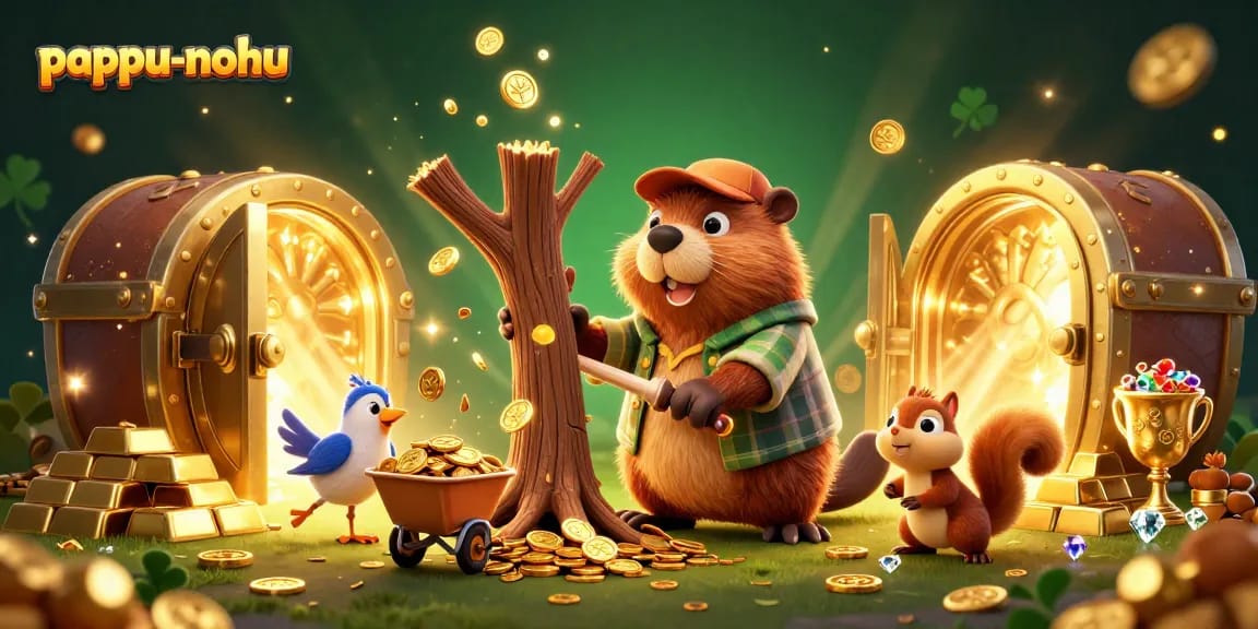Pappu-nohu showcases a dynamic scene with a beaver, bird, and squirrel amidst gold and gaming treasures