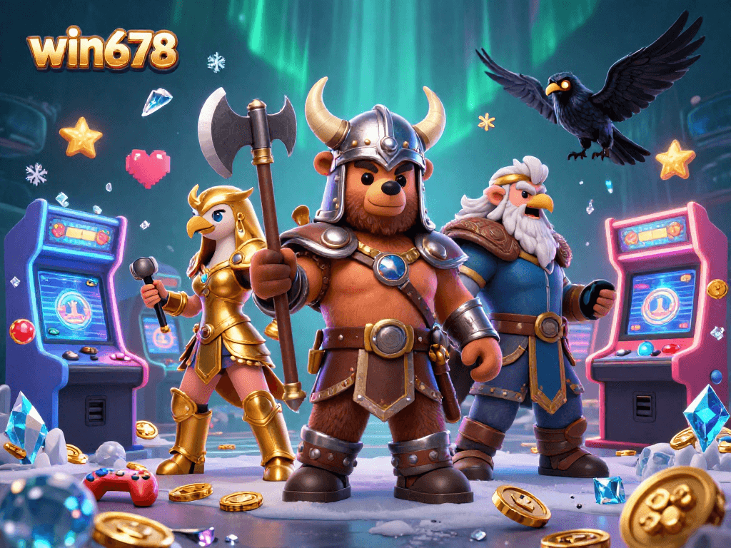 Experience epic gaming adventures with win678 featuring a Viking bear and Valkyrie eagle in a vibrant casino scene.