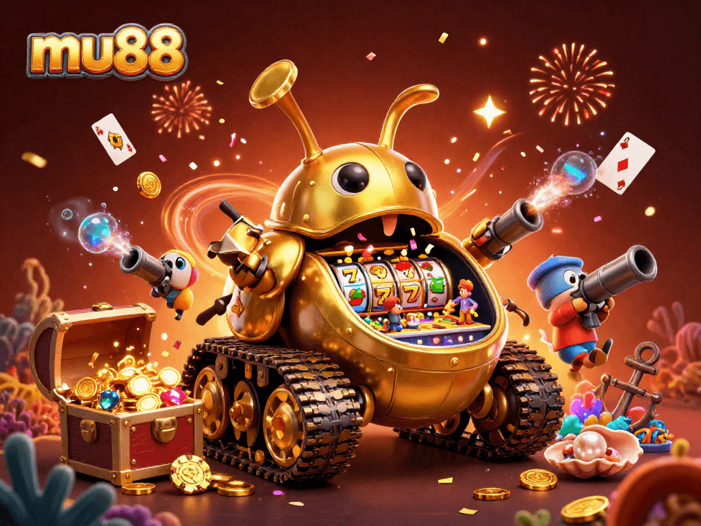Experience thrilling action at mu88 with a lively 3D casino scene featuring slots and colorful gems.