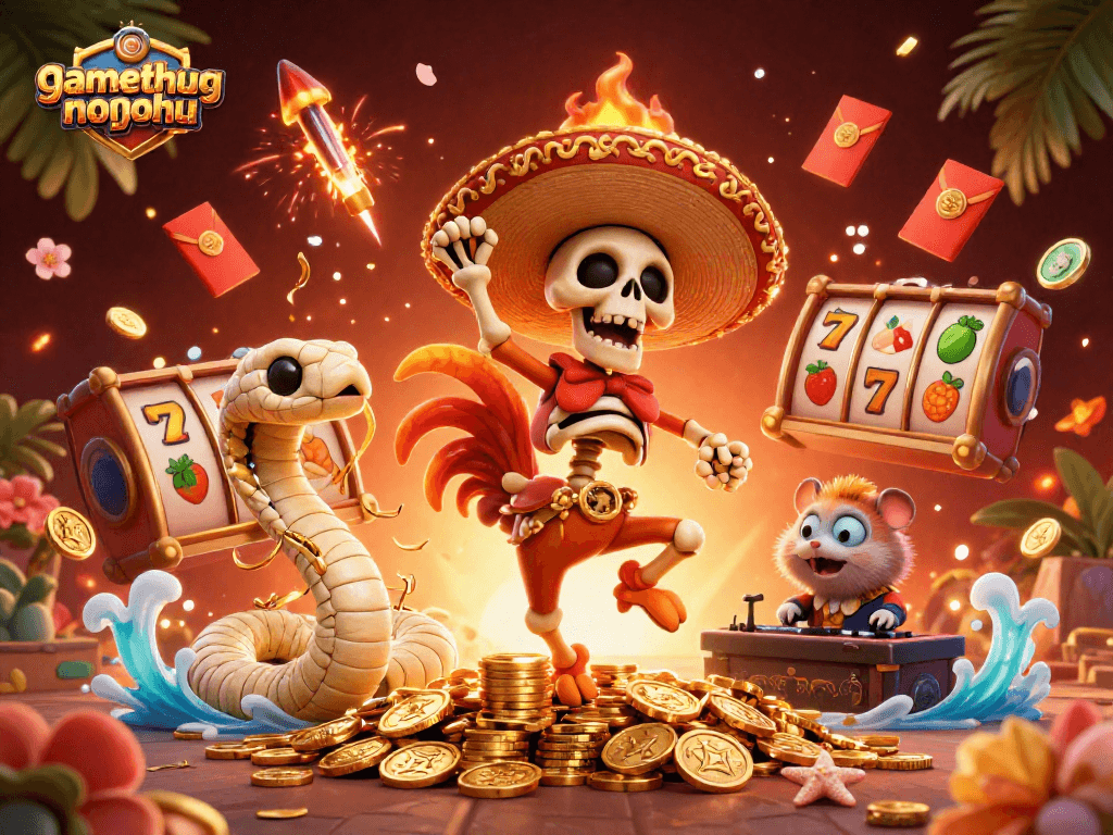 Experience the thrill of gamethuongnohu with vibrant characters celebrating wins amidst rich casino elements.