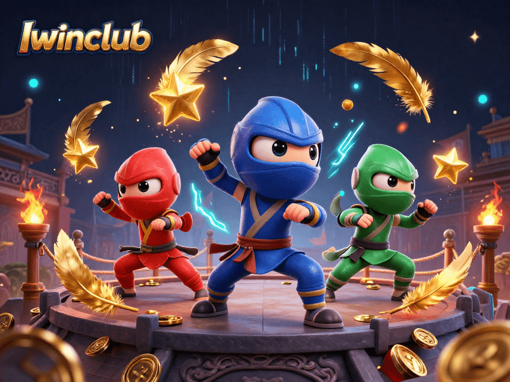 Iwinclub features 3D cartoon ninja chameleons in martial arts poses amid swirling casino-themed elements.