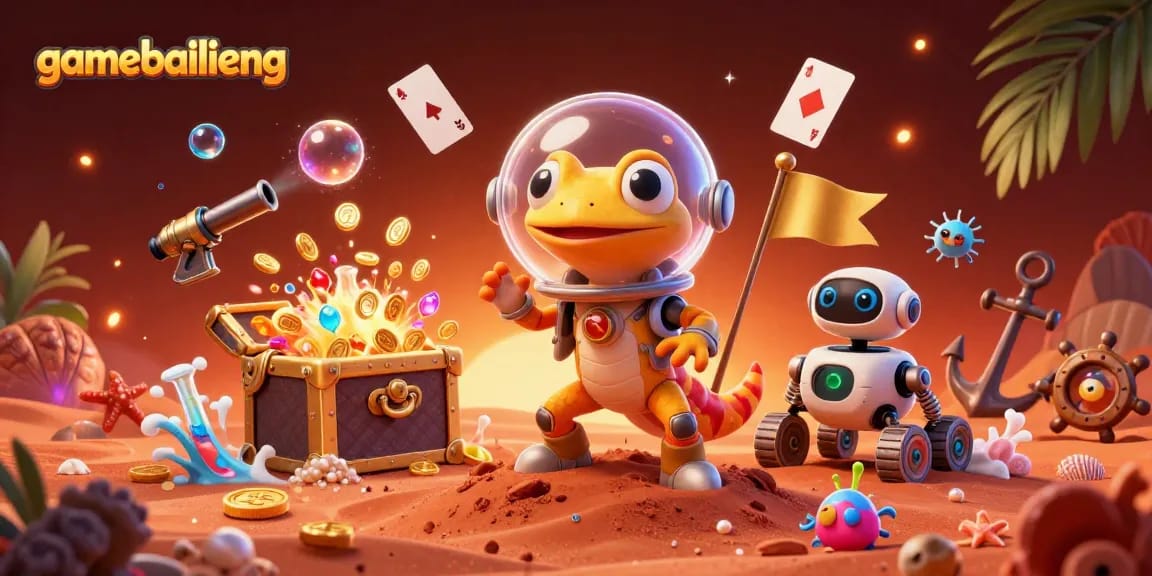 Experience gamebailieng with a 3D Martian gecko exploring a golden casino amidst vibrant treasures.