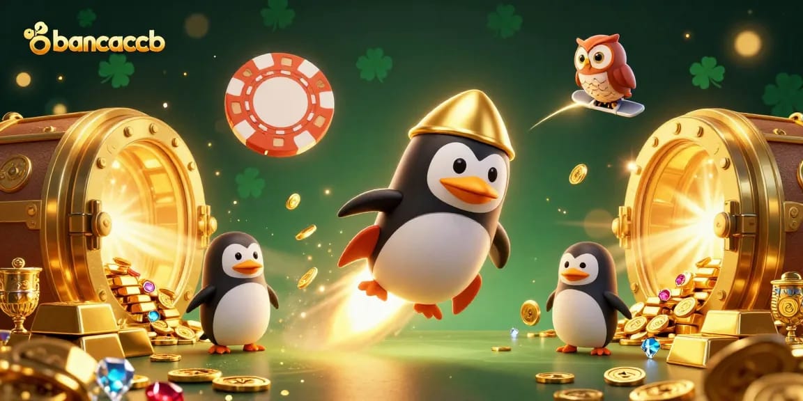 Experience the thrill of bancaucb with a golden penguin racing to a poker chip space station!