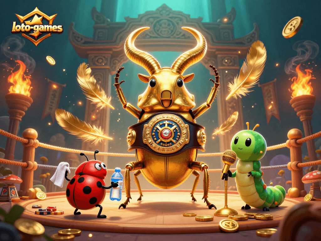 Loto-games feature a vibrant 3D illustration showcasing a golden stag beetle in a boxing ring surrounded by casino elements.