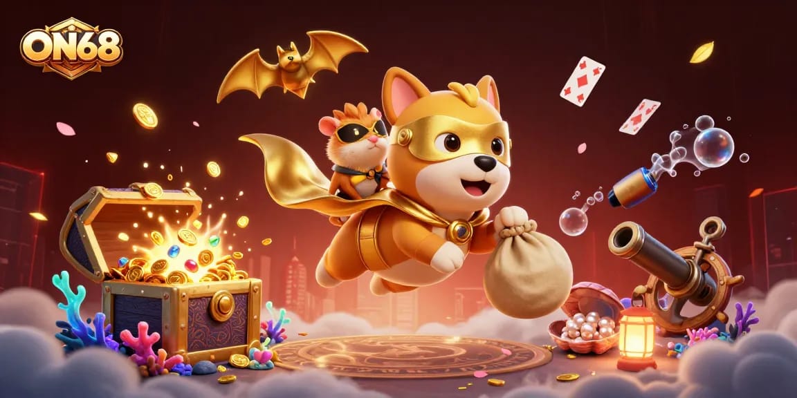 Experience thrilling wins with ON68 in this vibrant, detailed 3D casino illustration featuring playful characters.