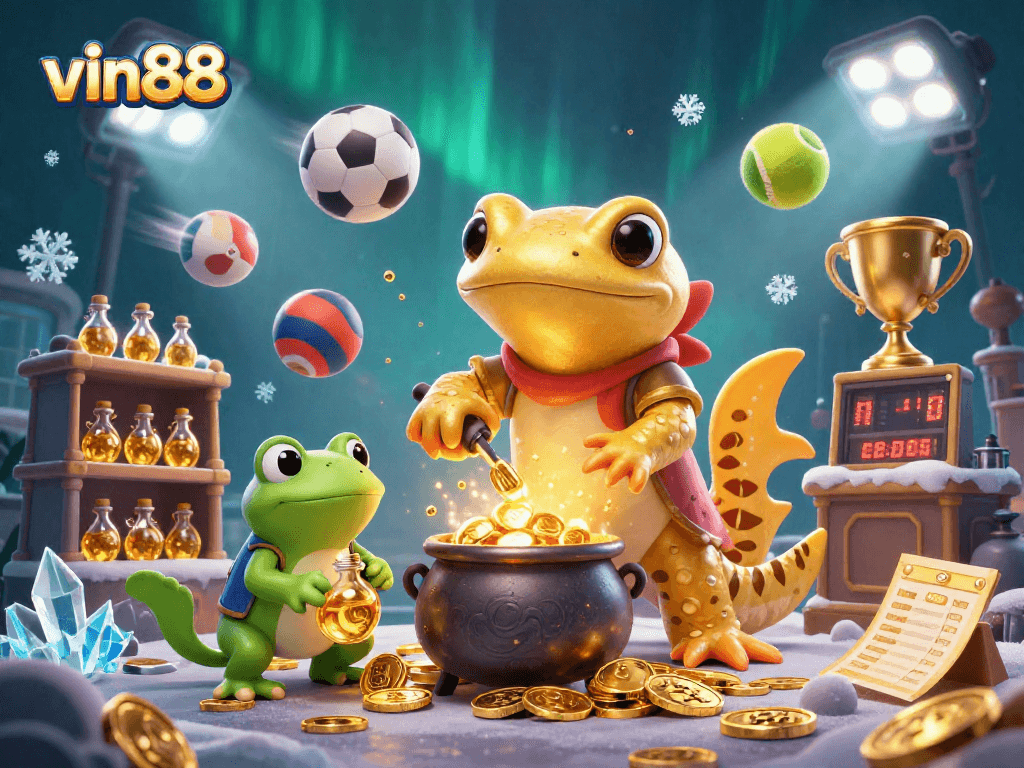 Experience vin88's thrilling sports betting action surrounded by magical alchemy and gold coins.