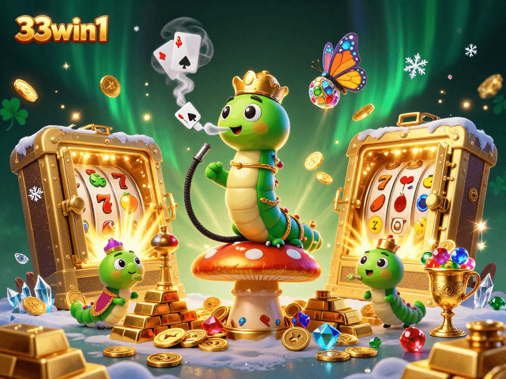 Engage with the vibrant world of 33win1 featuring a 3D caterpillar in a Turkish sultan outfit among casino symbols.