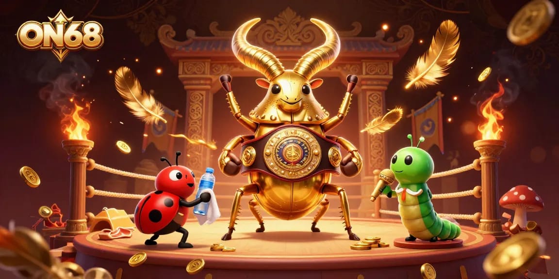 Experience thrill at ON68 with vibrant illustration of a boxing beetle featuring casino elements.