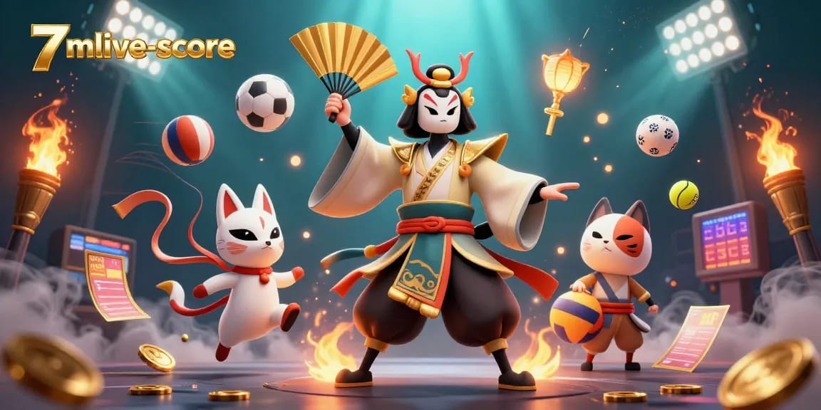 Capture the dynamic energy of 7mlive-score with vibrant characters and sports elements in action.