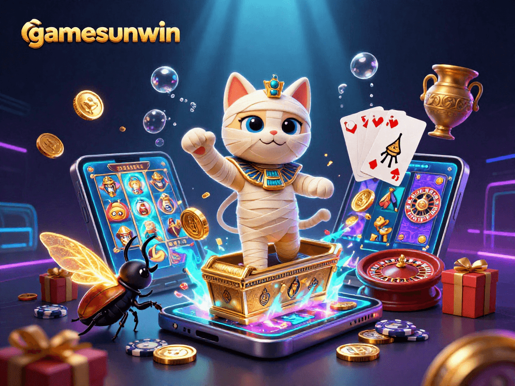 Playing thrilling gamesunwin with a mummy cat and glowing scarab in a vibrant casino scene.