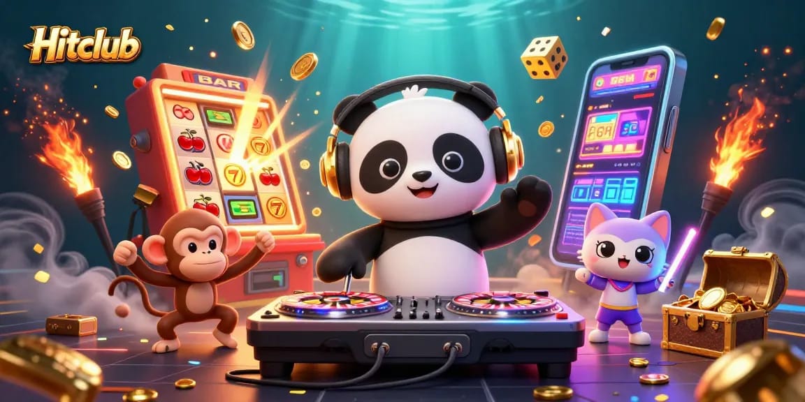 Hitclub casino illustration depicting a DJ panda, breakdancing monkey, and rave kitten with vibrant 3D elements.