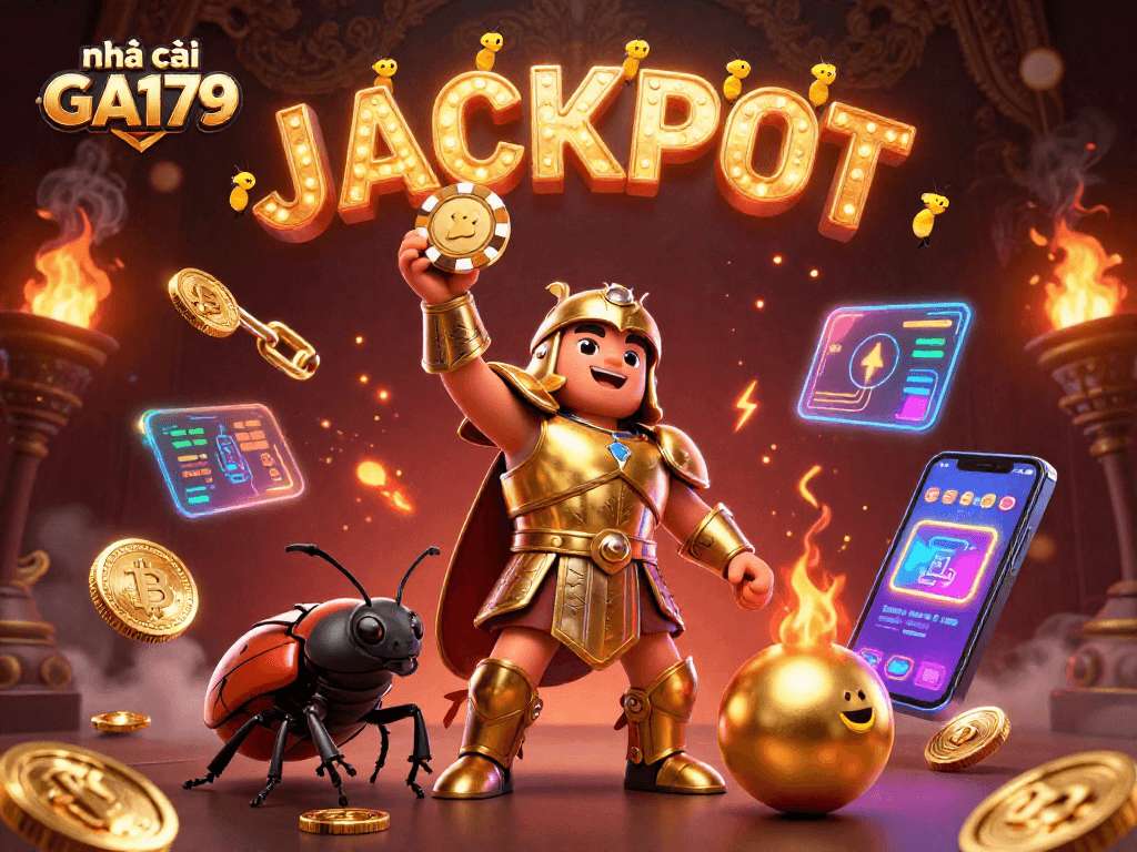 Engage with the thrilling action at nhà cái GA179 as cartoon beetles celebrate a jackpot victory.