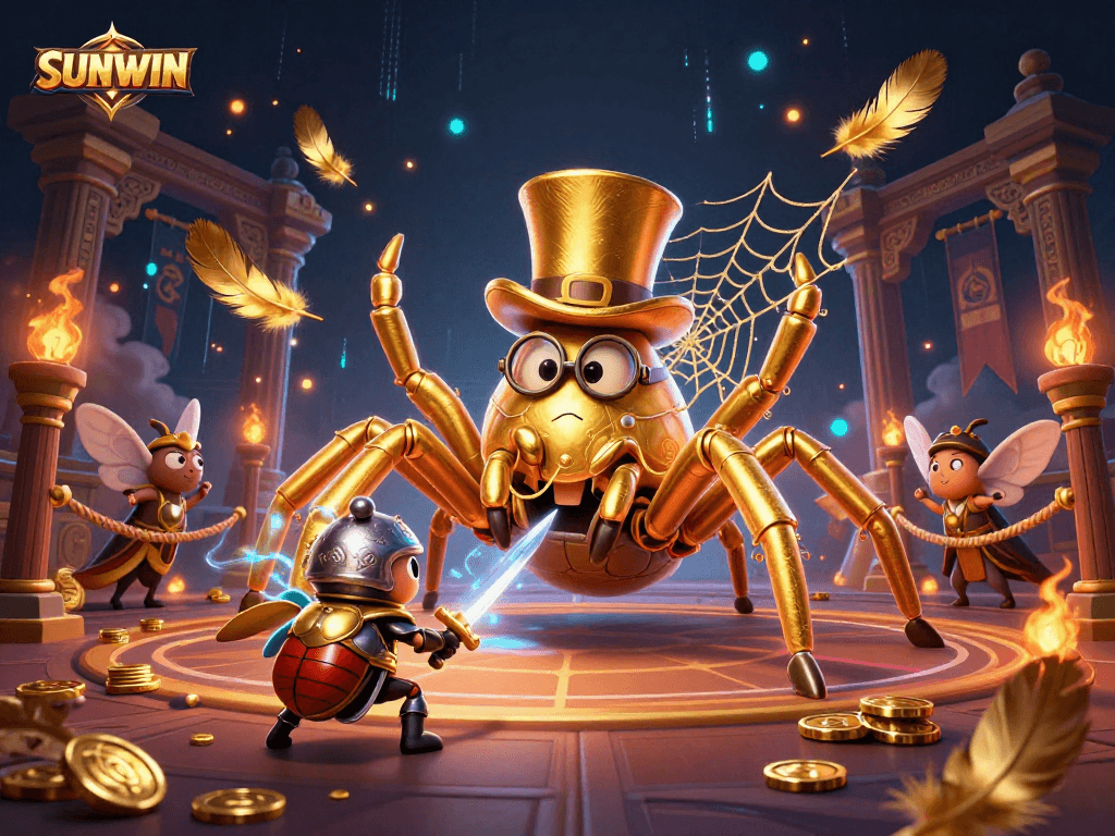 Engage in thrilling moments at SUNWIN with a golden tarantula and a beetle knight in a vibrant casino setting.