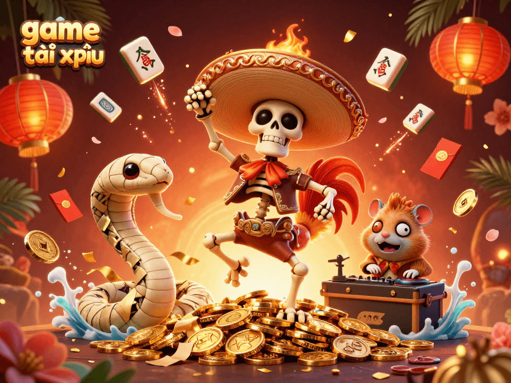 Play game tài xỉu with winners celebrating over piles of coins and festive decorations.