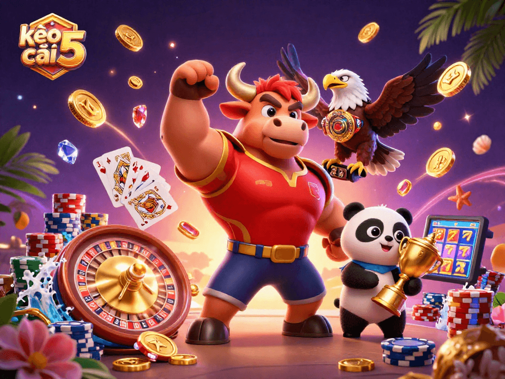 Experience kèo nhà cái 5 with a vibrant 3D scene featuring playful casino characters and dynamic game elements.